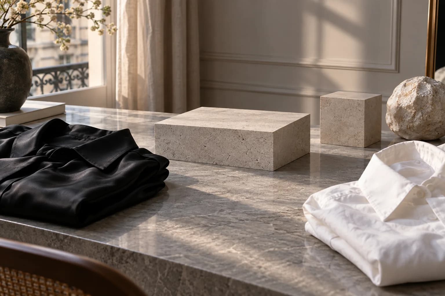 Vestiaire noir et blanc dans une lumière de fin de journée
