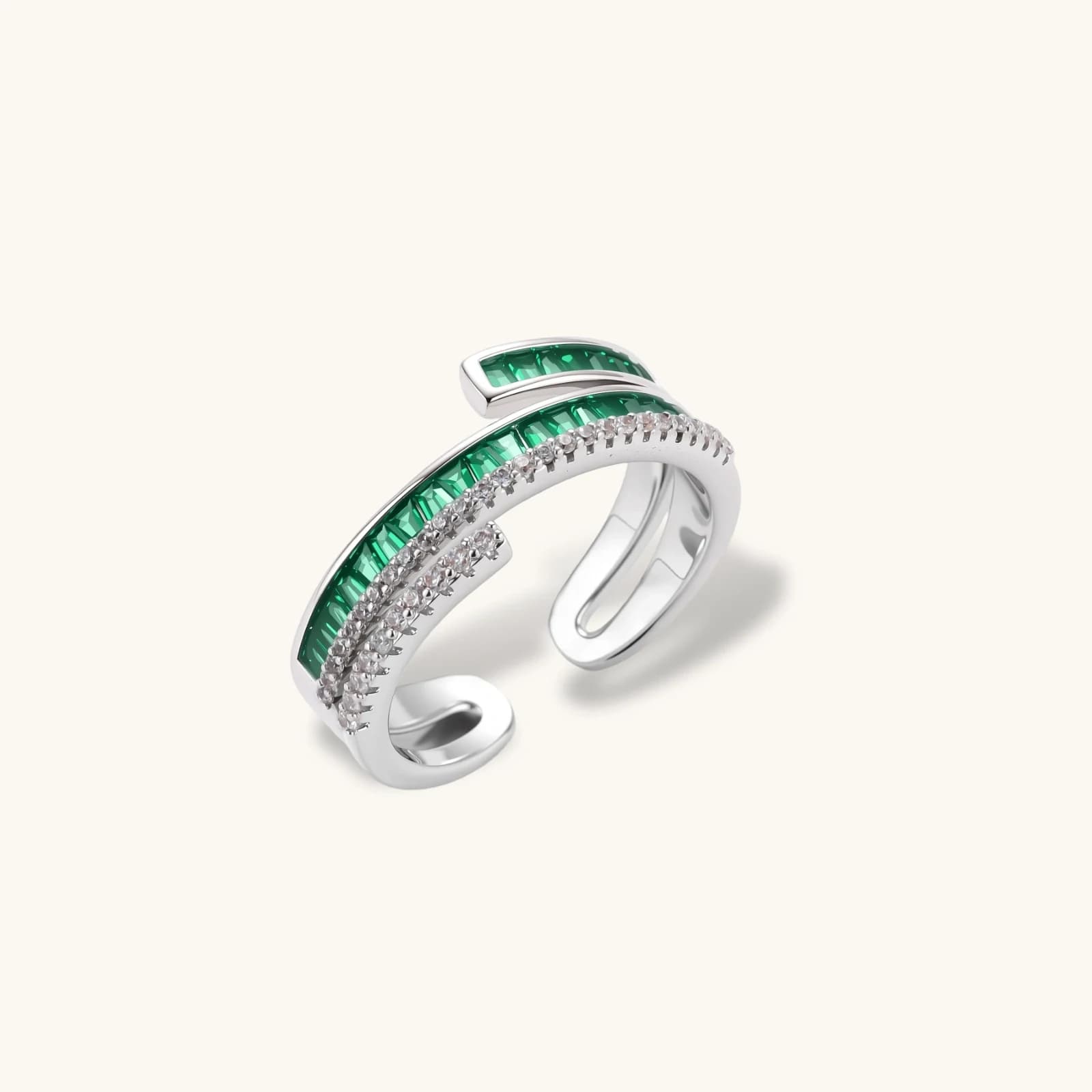 Bague Couches Émeraude, laiton, finition or blanc · oxydes de zirconium verts et transparents - bijou VALDESSE