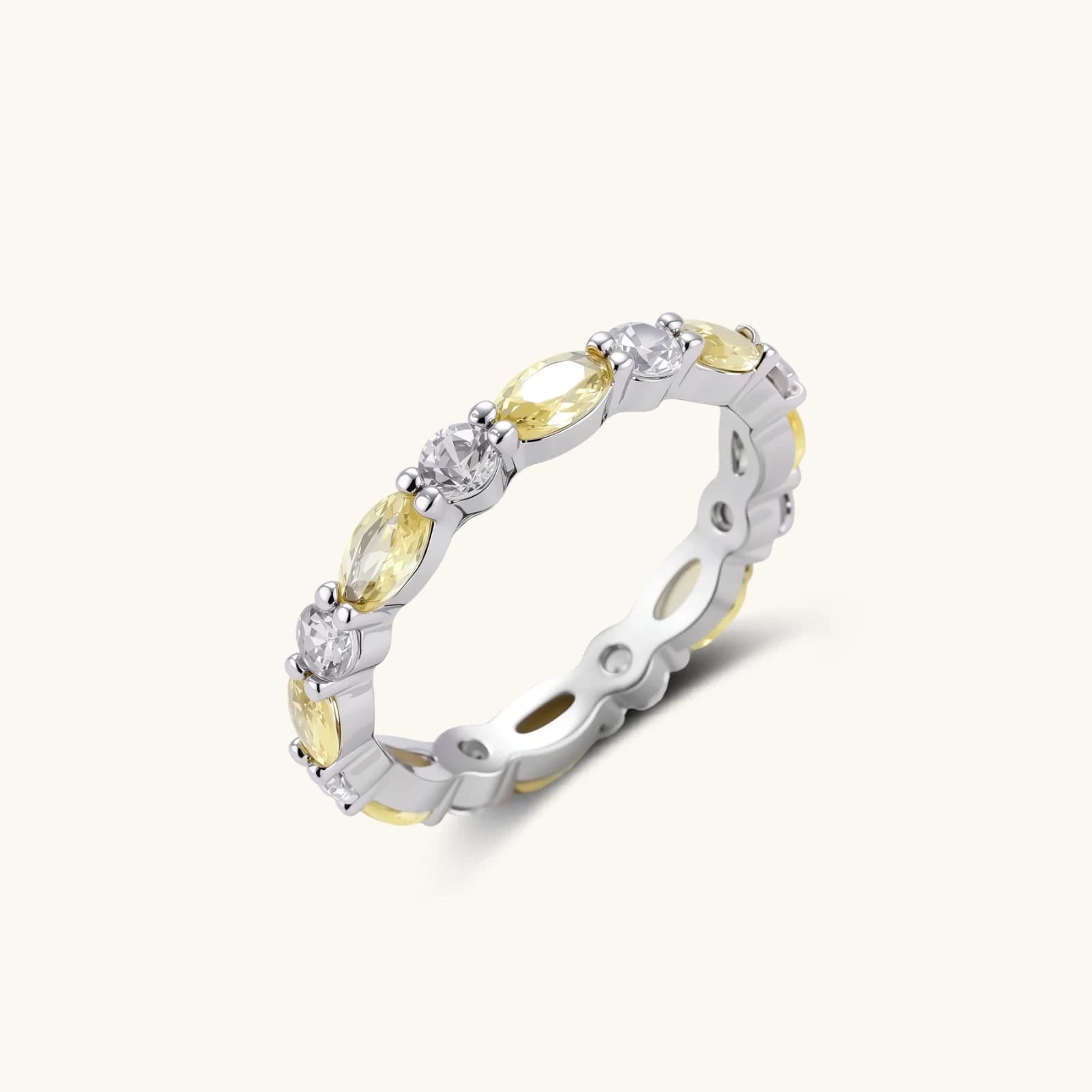 Bague Éternité Sunshine, laiton, finition or blanc · cristaux jaunes et transparents - bijou VALDESSE